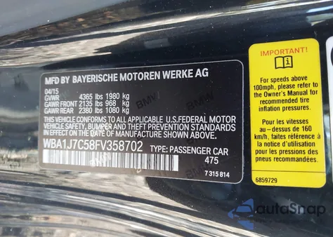 2015 BMW M235 z USA, uszkodzony, nr VIN WBA1J7C58FV358702